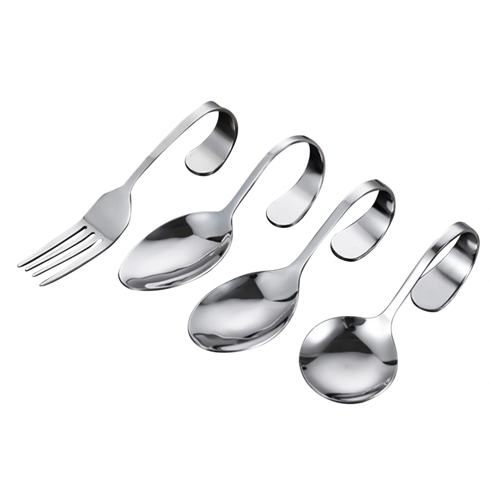 4pcs Curved Handle Spoons Fork Stainless Steel Spoons Practical Caviar Spoons