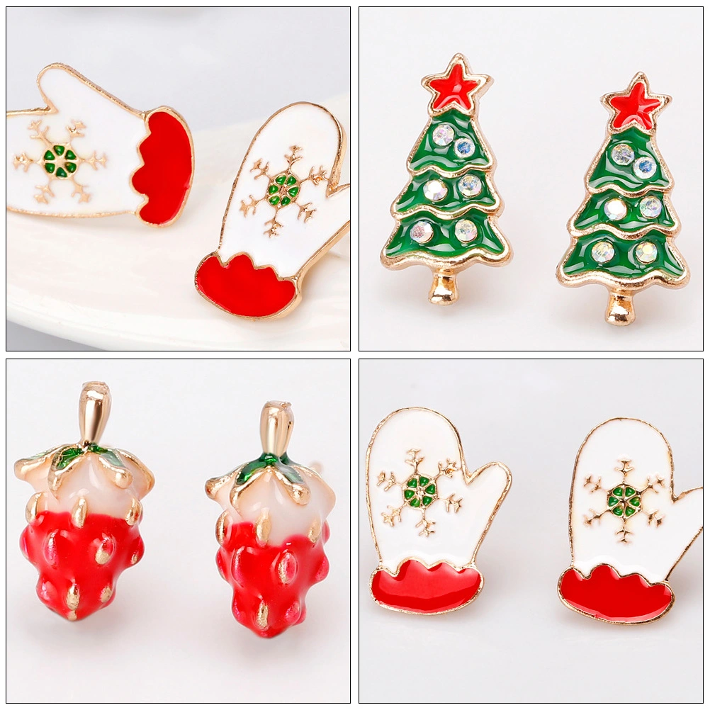 3 Pairs Lovely Glove Christmas Tree and Strawberry Earrings Alloy Ear Studs Gift