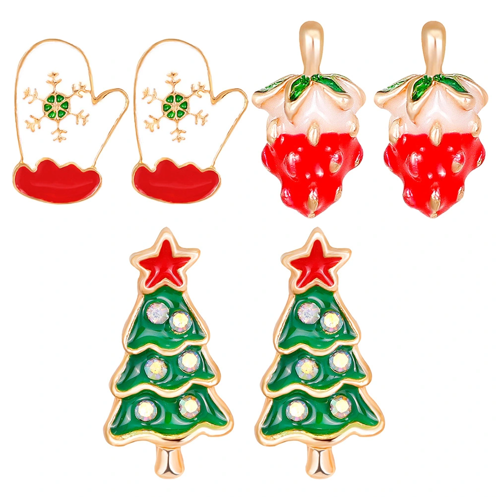3 Pairs Lovely Glove Christmas Tree and Strawberry Earrings Alloy Ear Studs Gift