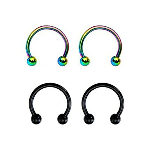 2 Pair of Stainless Steel Horseshoe Bar Nose Ring Septum Circular Barbell Tragus Earrings (Rainbow+Black)