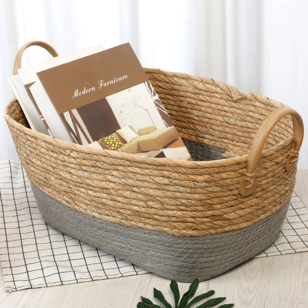 1pc Household Wicker-woven Basket Dessert Storage Basket For Home Storage Handle Color Random