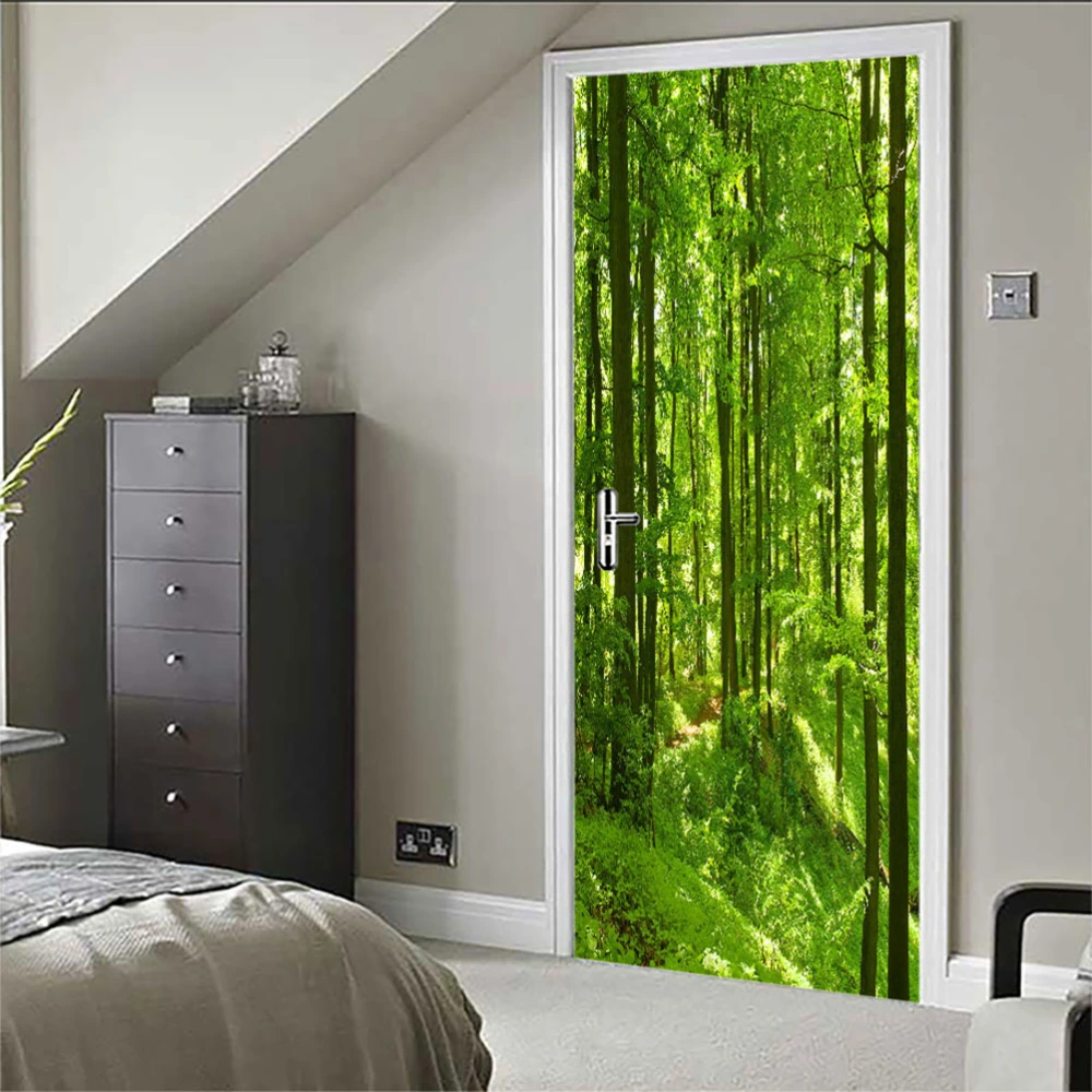 3D Fresh Forest Pattern Door Sticker Self Adhesive Removable Door Wall Mural Wallpaper for Home Decoration