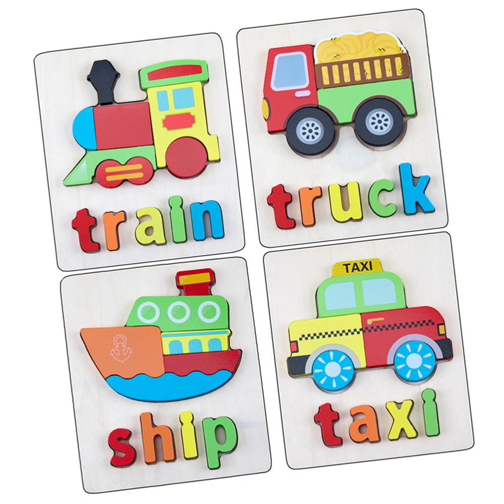 4 Sets Wooden Puzzle Plaything 3D Puzzle Toy DIY Handmade Craft Puzzle Jigsaw Puzzle Model for Kids Children (Train + Truck + Taxi + Ship Pattern)