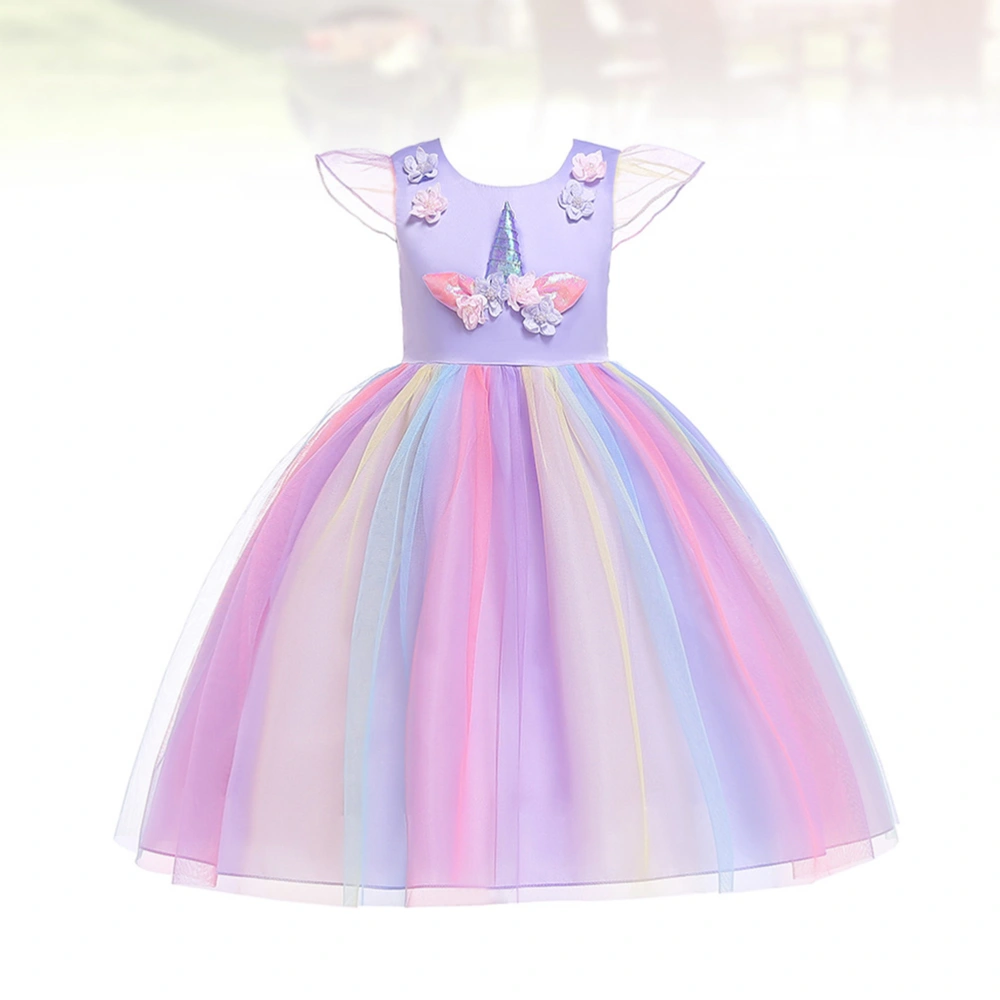 Girls Unicorn Tutu Dress Fashion Elegant Dress Kids Birthday Outfit Cartoon Cosplay Clothing for Birthday Dancing Party (Purple, 130cm)