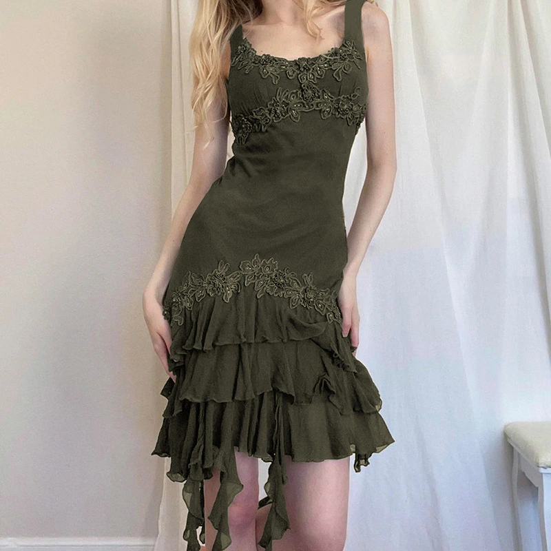 American-style Ruffled Irregular Spaghetti-strap Dress
