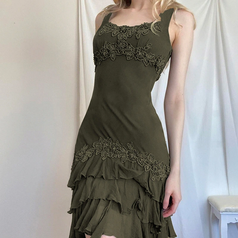 American-style Ruffled Irregular Spaghetti-strap Dress