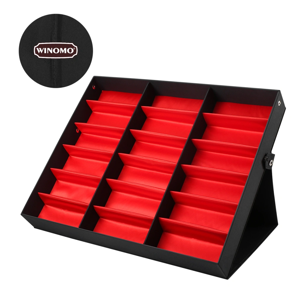 WINOMO 18 Grids Sunglasses Storage Box Organizer Glasses Display Case Stand Holder Eyewear Eyeglasses Box Sunglasses Case with Foldable Lid (Red Lining Black Lid)