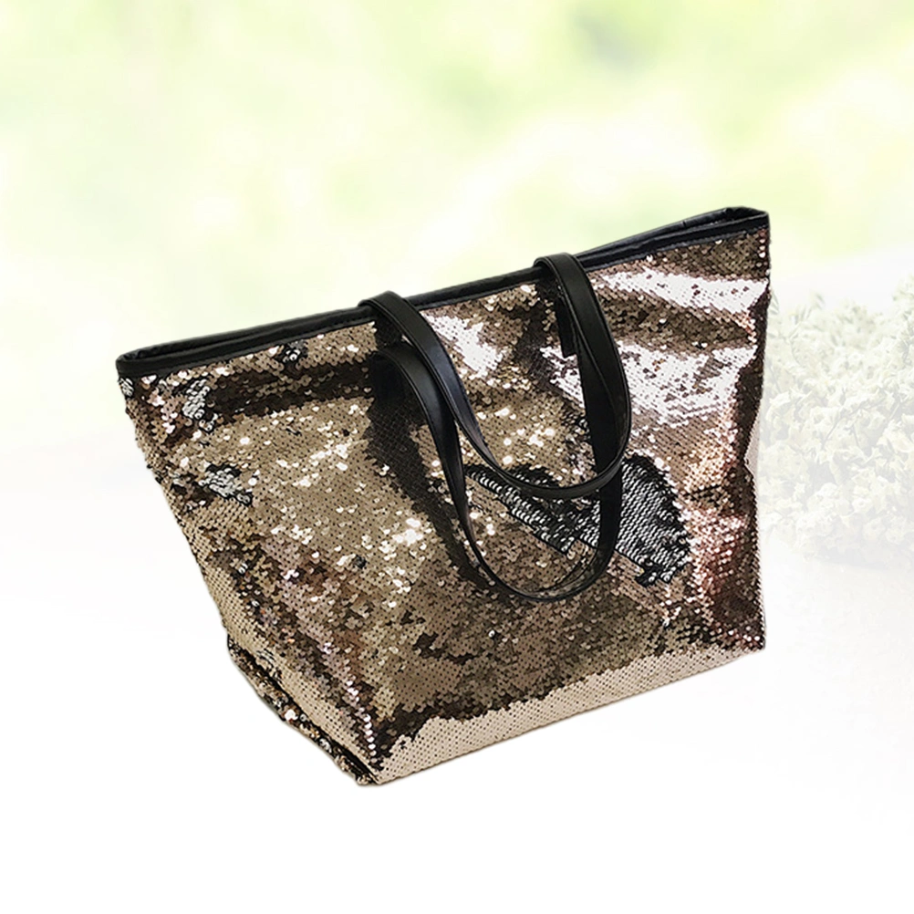 Simple Sequins Shoulder Bag Large Capacity Messenger Bag Portable Tote Bag Women Girls Handbag (Champagne)