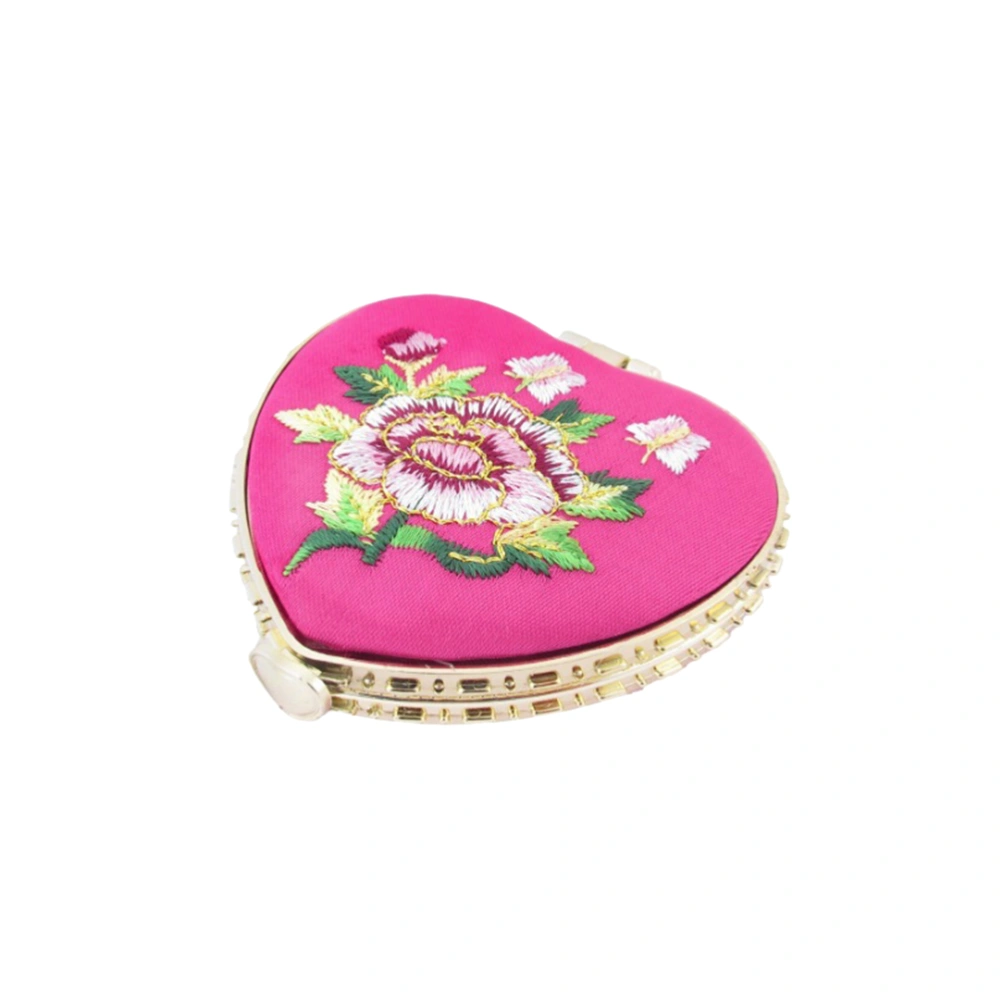 Mini Pocket Compact Portable Embroidered Mirror Round Mirror Looking Glass Makeup Tools (Pink)