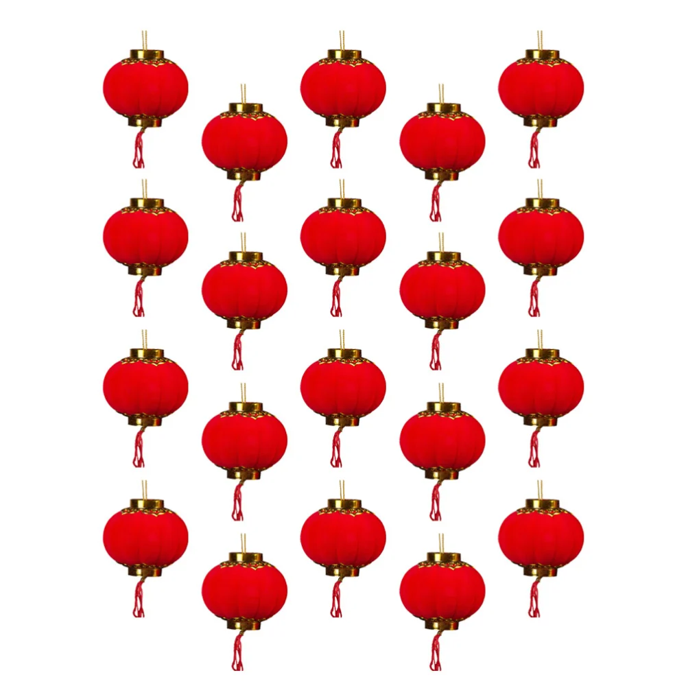 20Pcs Small Flocking Red Lanterns Wedding Party Decor Gift DIY Craft Chinese Plastic Lanterns(Red)