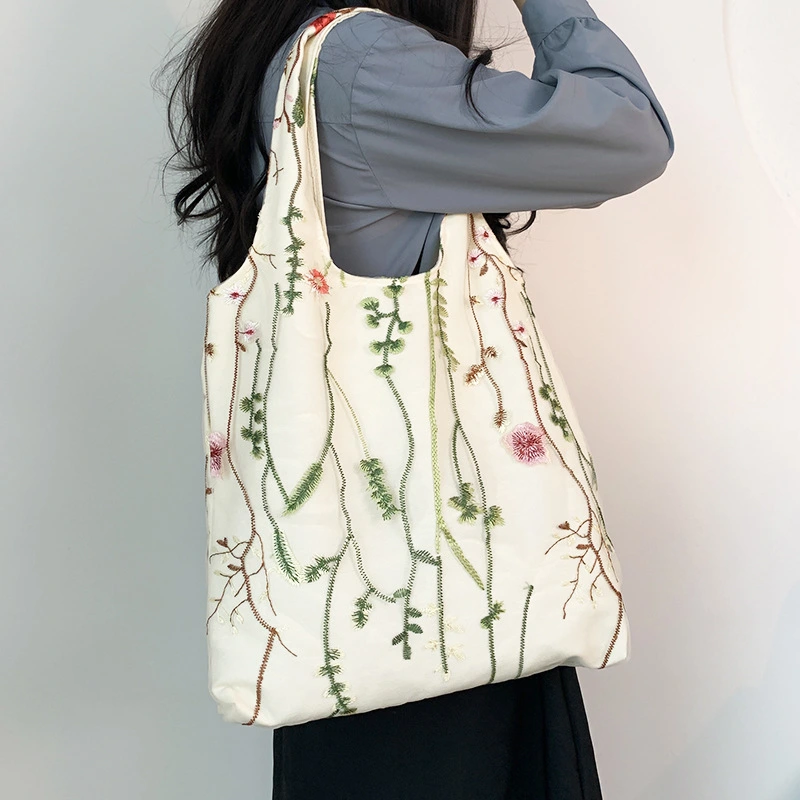 Embroidered Canvas Holiday Shopping Bag Schoolbag