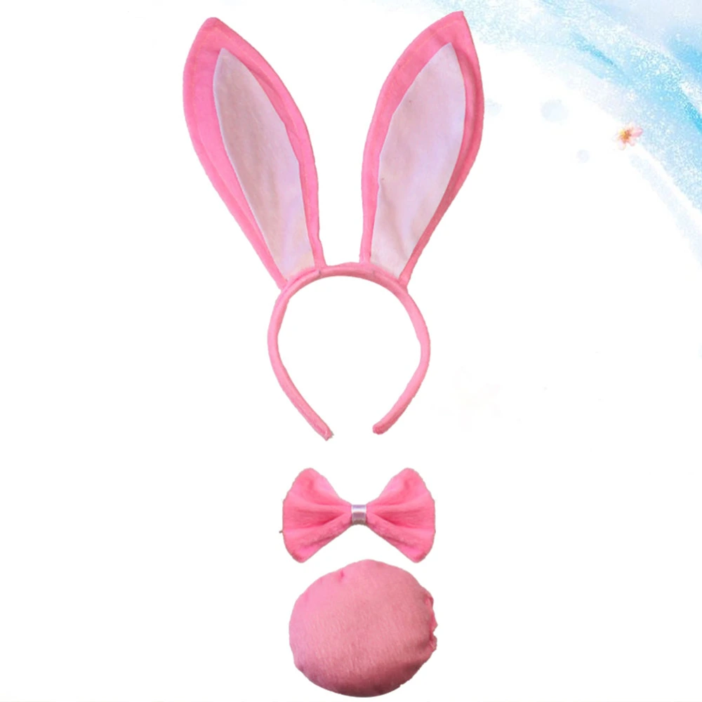 3pcs in 1 Set Pink Funny Easter Festival Party Rabbit Ear Hair Accessory Set Animal Bunny Ear Hairwear Tail Tie Performance Masquerade Party Supplies