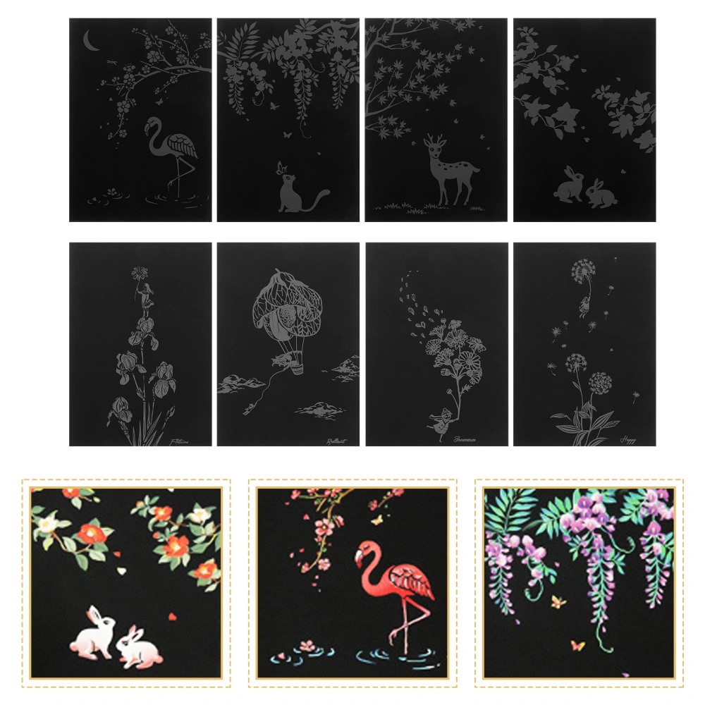 8pcs Plants Series Scratch Painting Scratch Paper Art Set Greeting (Black)