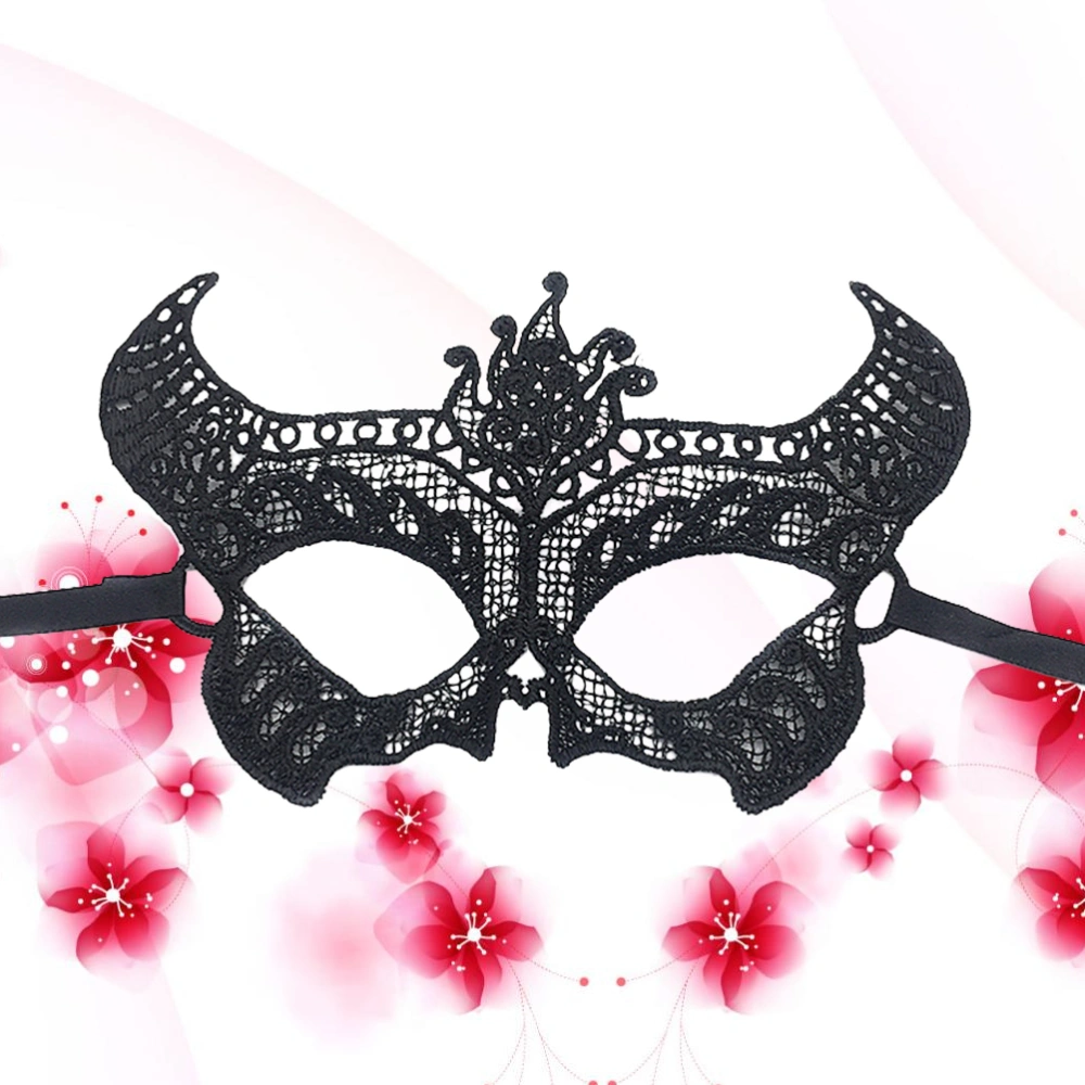 Women Luxury Sexy Lace Eyemask Mask Attached Ribbons Ox Horn Half Face Mask Decorationfor Halloween Masquerade Ball Party Costume Carnival Prom Fancy Dress (Black)