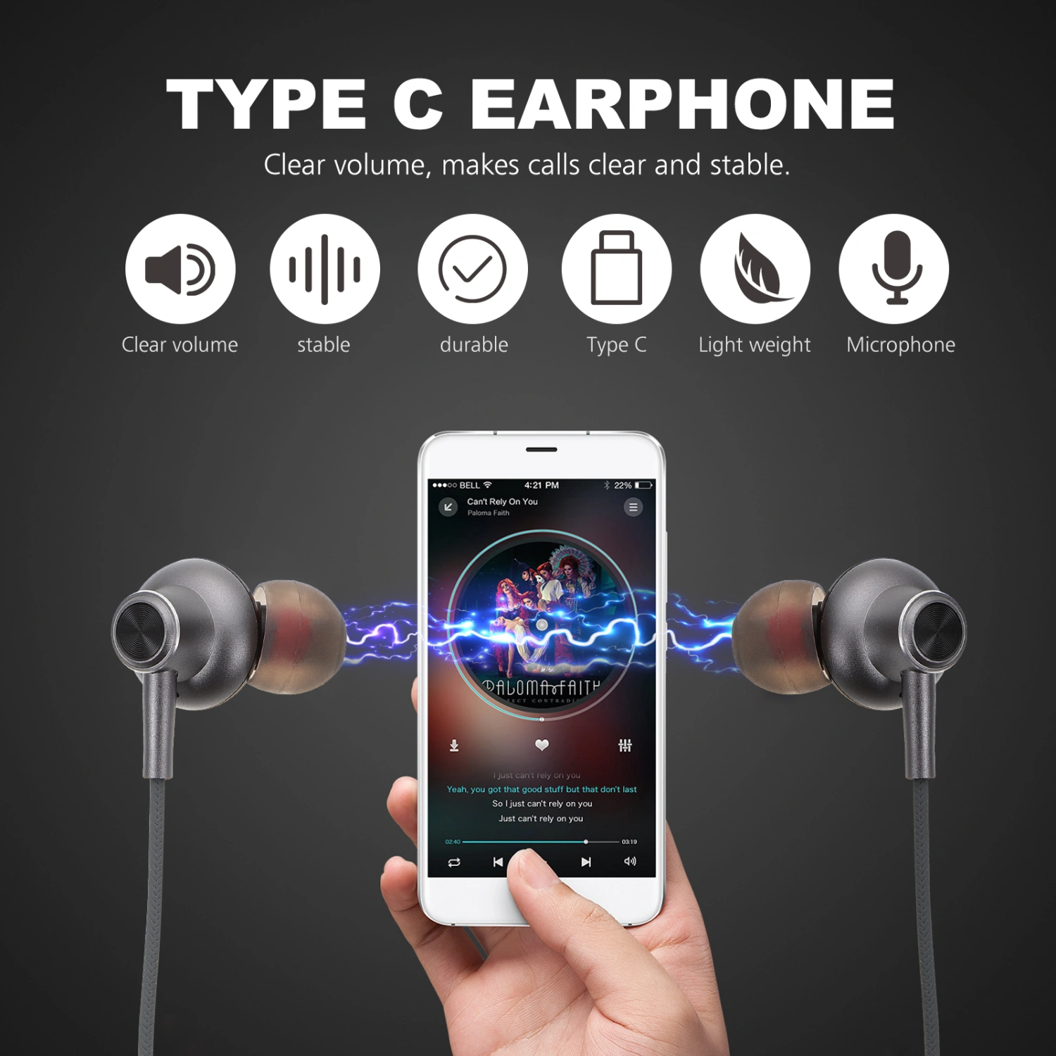Universal Type C Bass Earphone High Sound Quality In-Ear Headset Hands-Free Earphone with Mic (Grey)