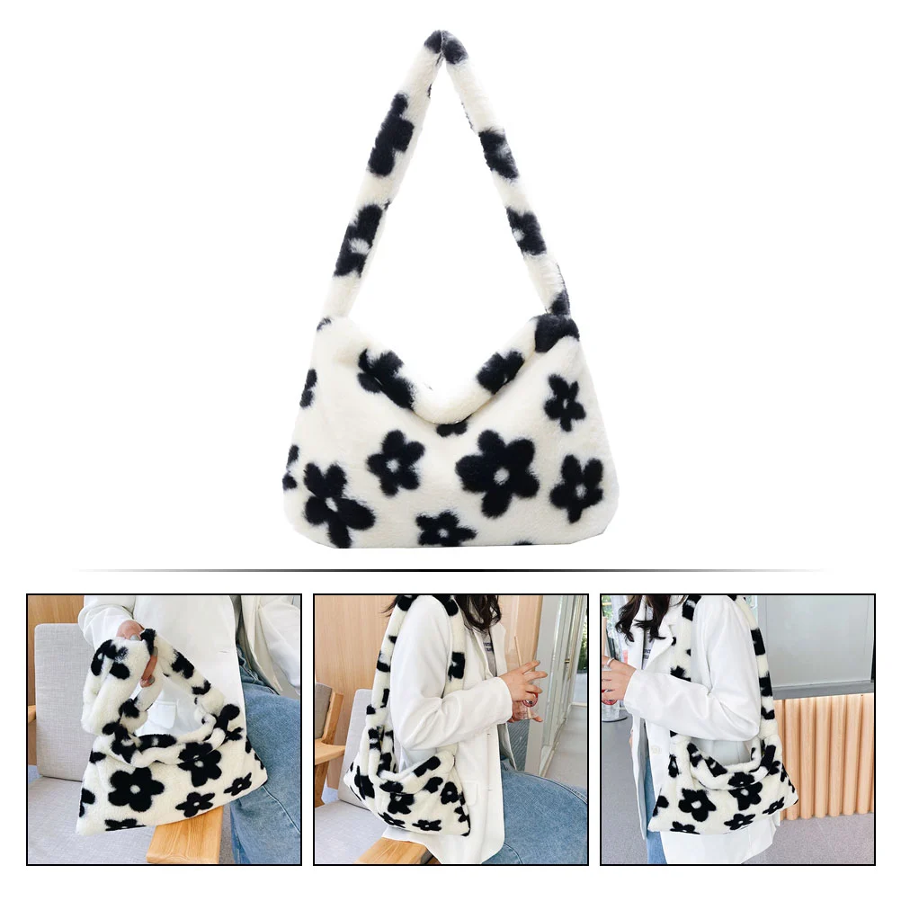 1Pc Plush Shoulder Bag Women Underarm Bag Flowers Pattern Shoulder Bag