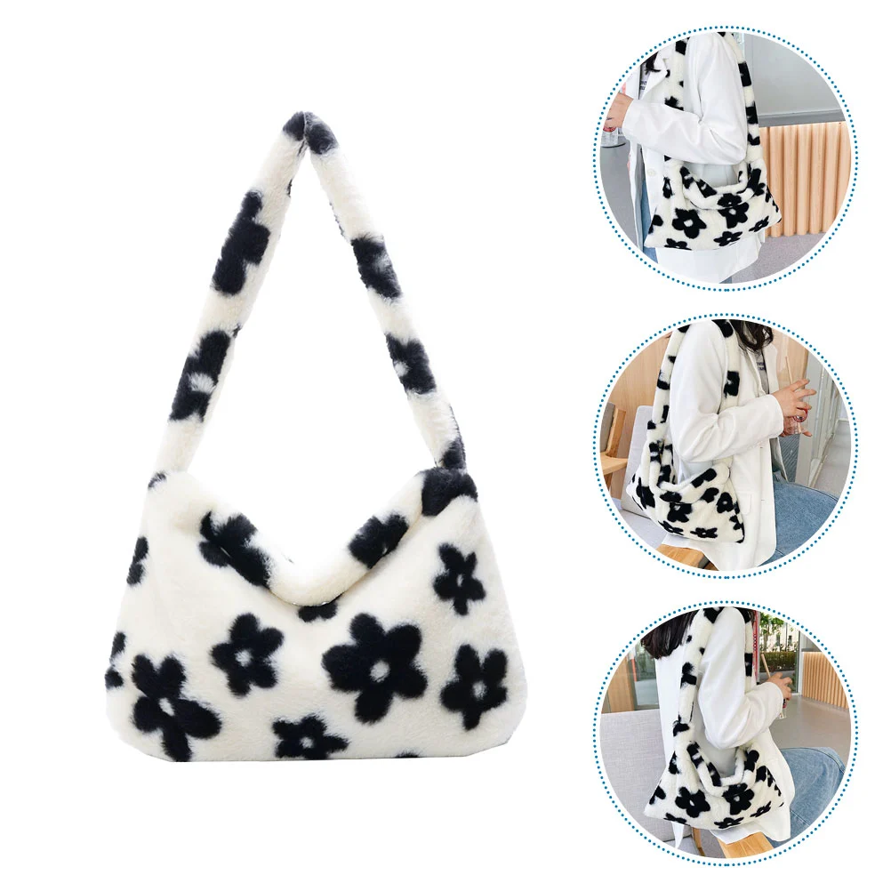 1Pc Plush Shoulder Bag Women Underarm Bag Flowers Pattern Shoulder Bag