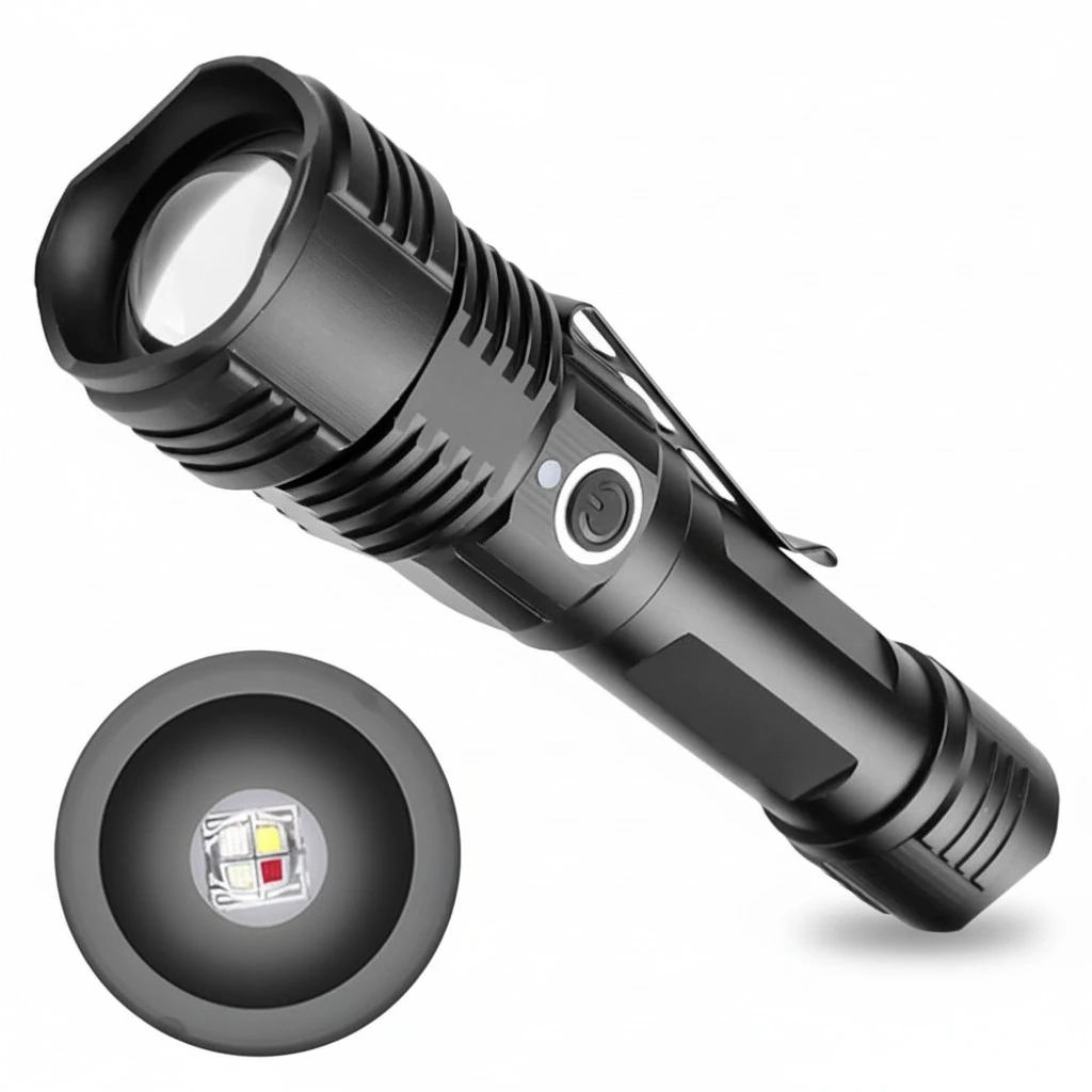 1Pc Ultra Bright LED Flashlight Adjustable 5 Modes Outdoor Torch Portable Electric Torch Outdoor Camping Hunting Hiking Without Battery (Black)