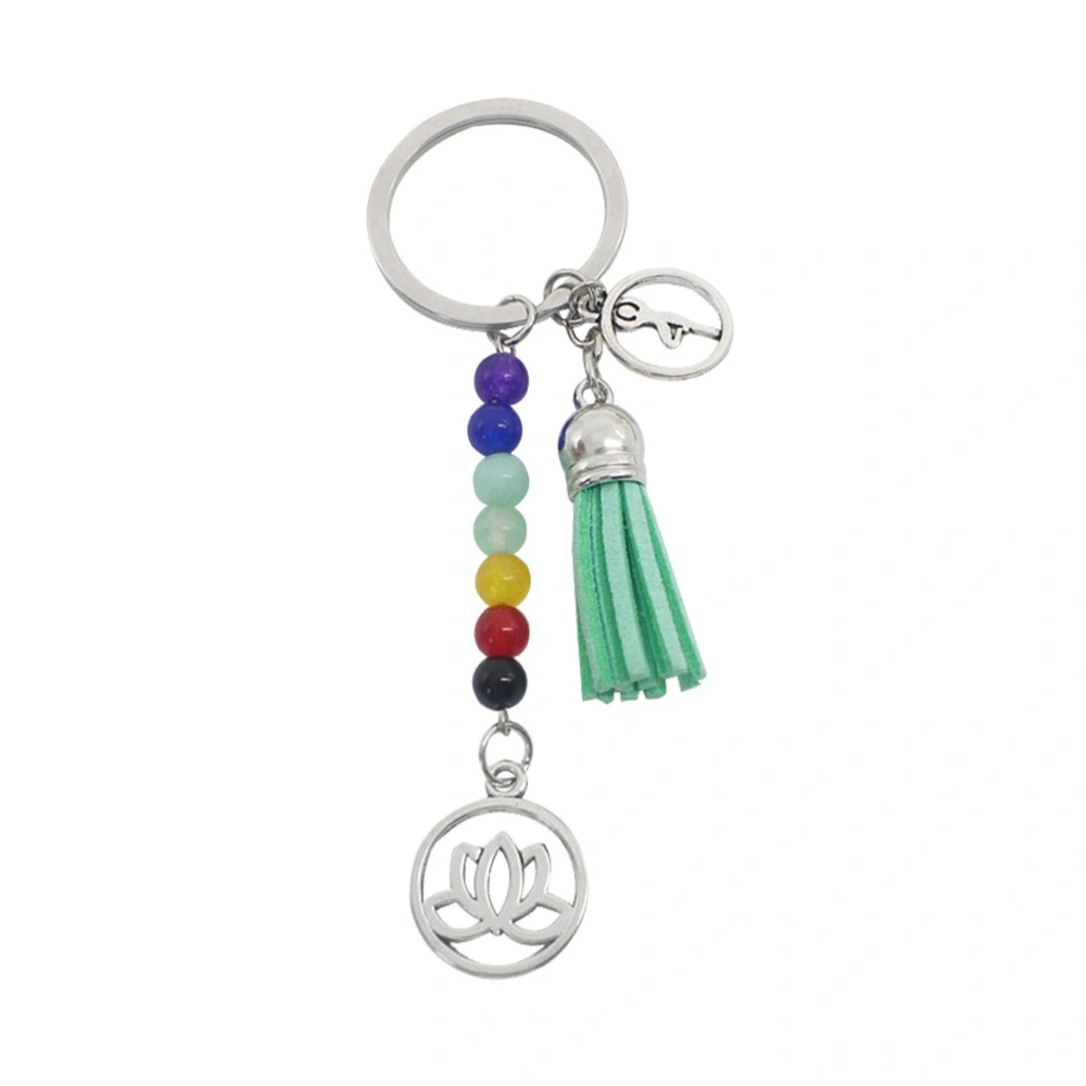 Creative Seven Chakra Design Yoga Keychain Colorful Stone Tassel Lotus Pendant Key Ring Gift Bag Hanging Ornament (Green)