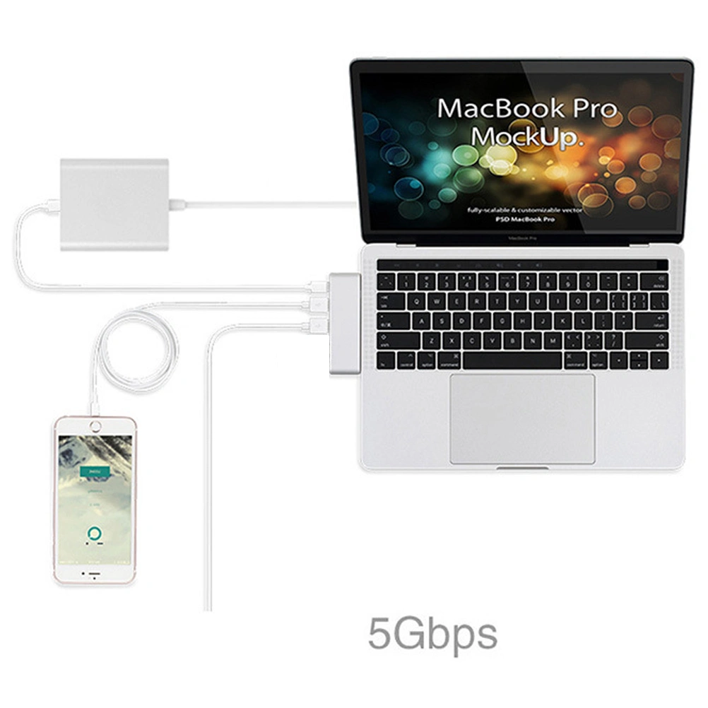 Type-C USB 3.0 5 in 1 Combo Hub Adapter Charging Data Sync Reader for (Golden)