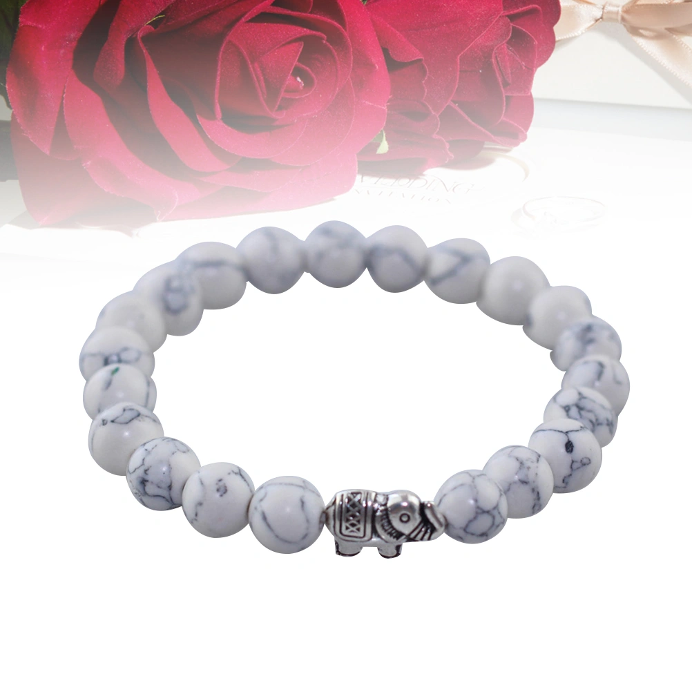 Fashion Couples Distance Beaded Bracelets Silver Alloy Elephant Obsidian Blue White Pine Stone Combination Bracelets(White)