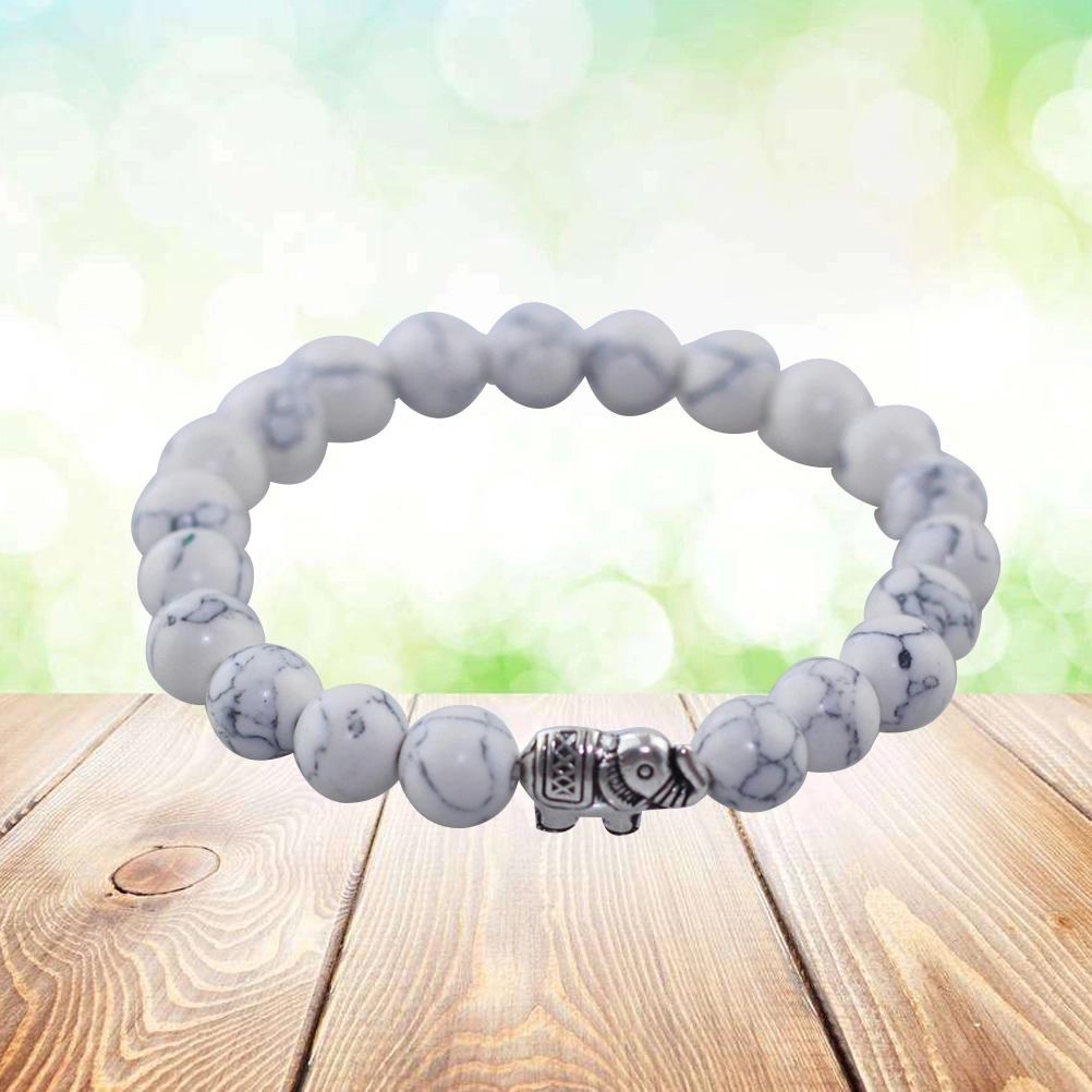 Fashion Couples Distance Beaded Bracelets Silver Alloy Elephant Obsidian Blue White Pine Stone Combination Bracelets(White)