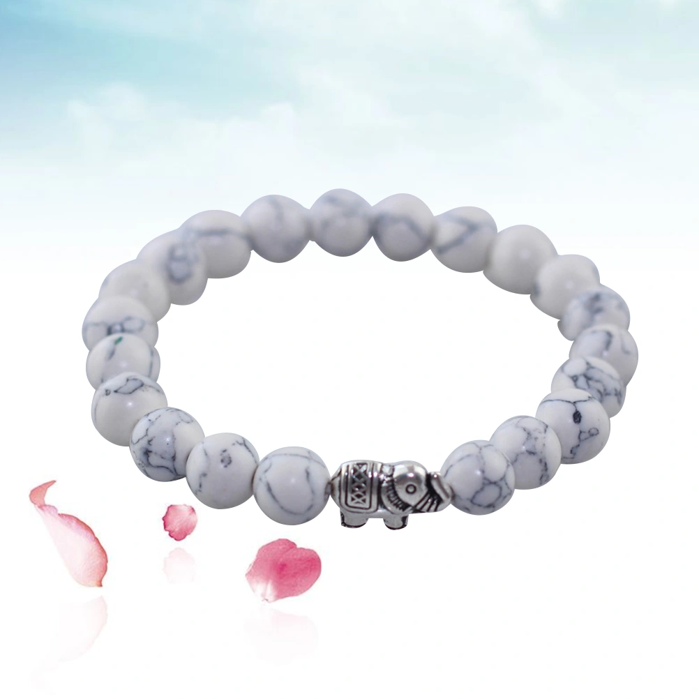 Fashion Couples Distance Beaded Bracelets Silver Alloy Elephant Obsidian Blue White Pine Stone Combination Bracelets(White)