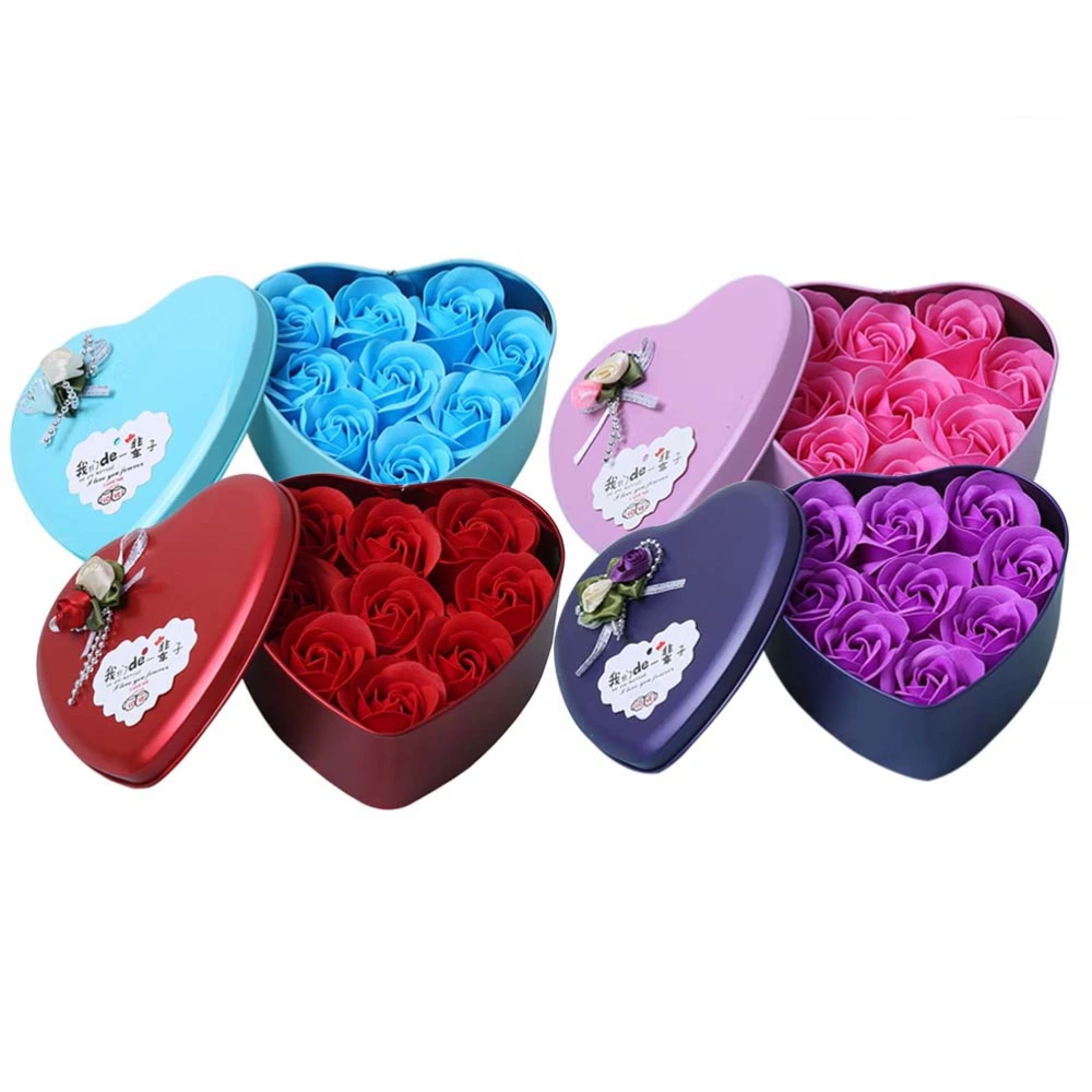 9pcs Simulation Rose Flower Decor DIY Rose Ornament Artificial Flower Adornment Valentine's Day Gift for Women Ladies with Iron Box (Sky-blue)