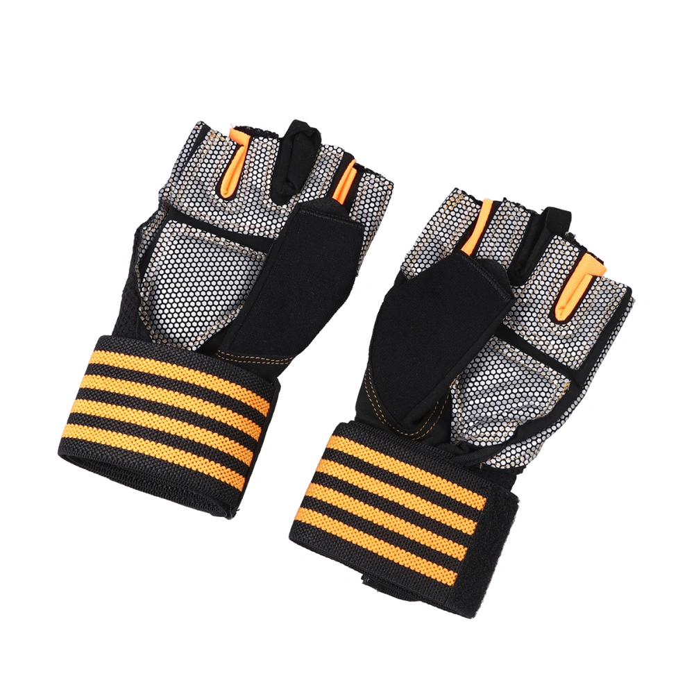 1 Pair of Outdoor Strength Training Half Finger Gloves Wrist Bracers Palm Protective Gloves Sports Equipment Elastic Hands Protection for Weightlifting Pushing (Orange, Size M)