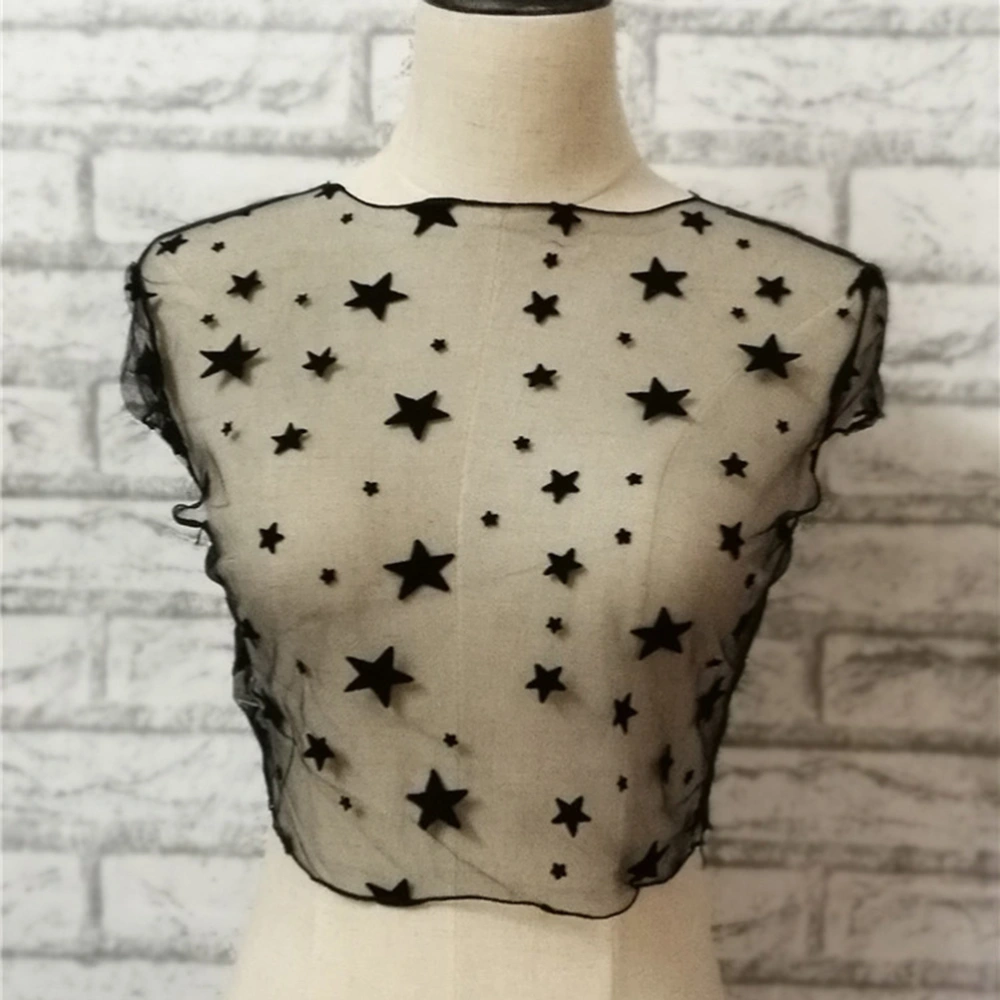 Women Sexy Clubwear Mesh Sheer See Through Short Sleeve Crop Tops Star Pattern Mesh Blouse Tops Size M (Black)