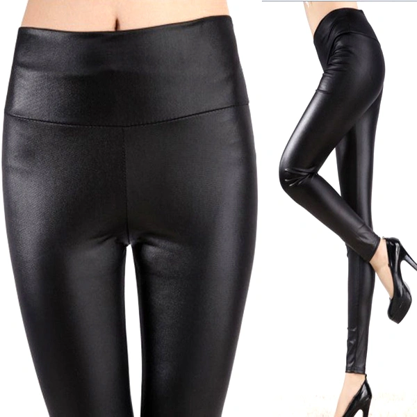 Fashion Spring Autumn High-waisted Slim-fitting Women's Sexy PU Leggings Tight Pants - Size L (Bright Black)