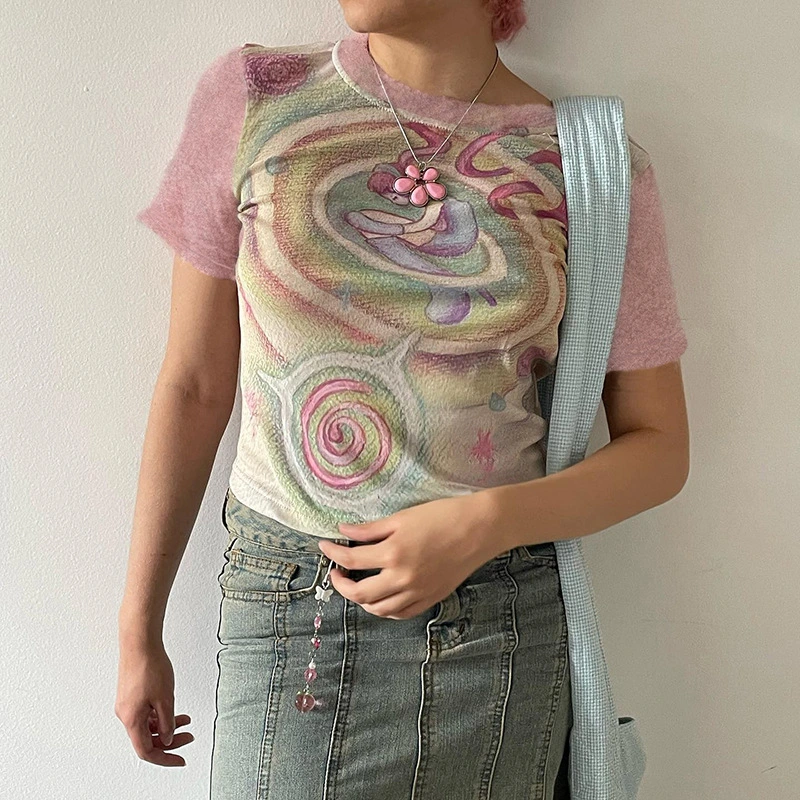 Girl Print Crew Neck Short T-shirt Top