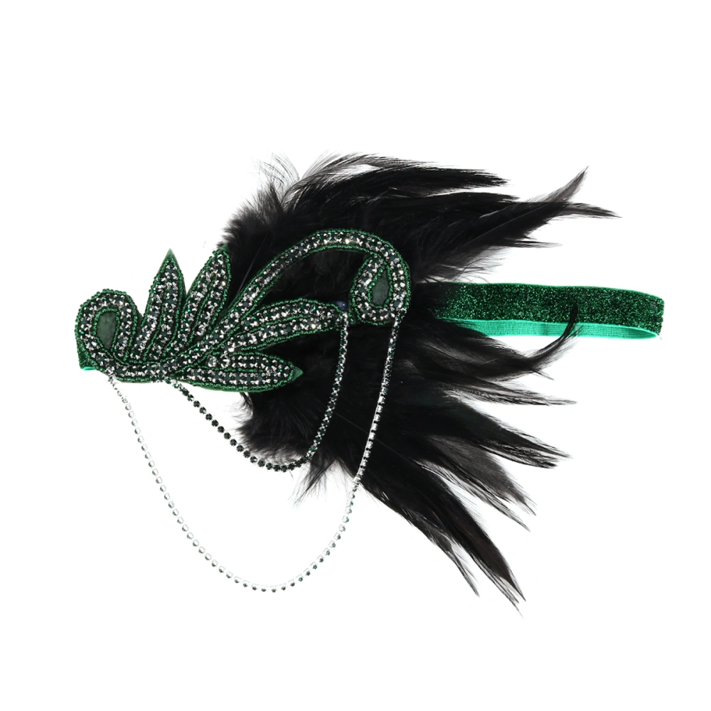 1PC Vintage Feather Headband Elegant Rhinestone Tassel Hair Band for Lady Women (Green Rhinestone)