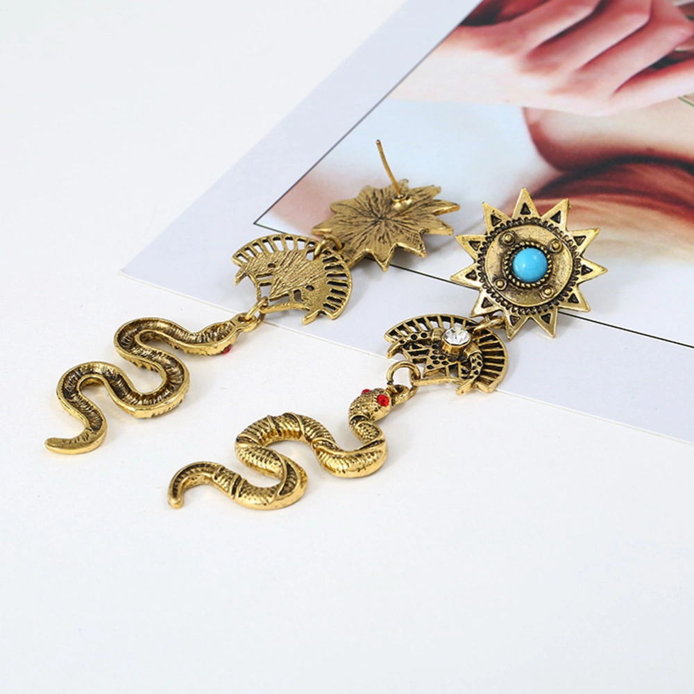 1Pair of Fashion Indian Totem Sunflower Earrings Long Snake Pendant Earrings(Bronze)