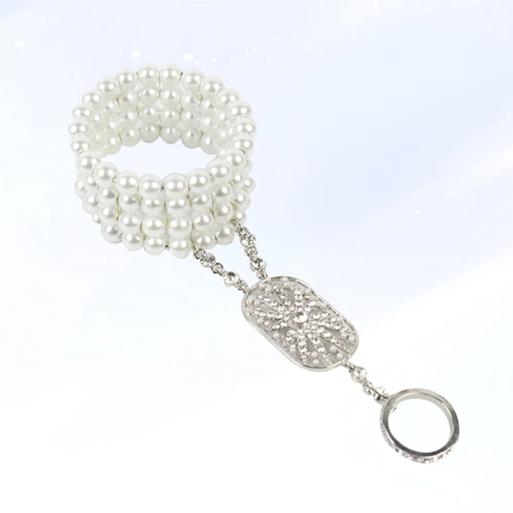 1pc Manmade Pearl Rhinestone Bracelet Vintage Elasticity Ring Chain for Women (Silver)