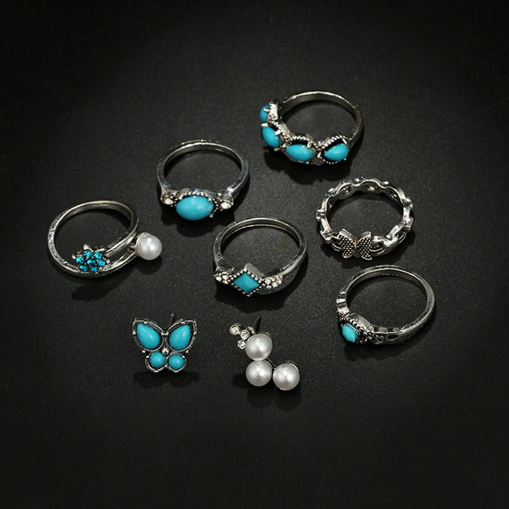 Fashion Imitation Pearl Jewelry Sets Charm Bohemia Vintage Rings Stud Earrings Jewelry Sets