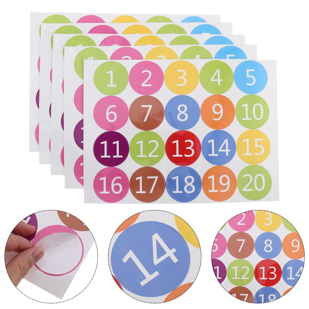 5 Sheets Colorful Round Number Stickers Waterproof Number Paster for Home