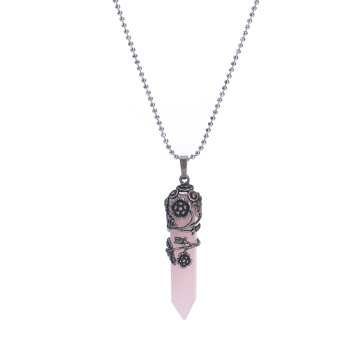 Silver Flower Wrapped NaturSilver Flower Wrapped Natural Rose Quartz Healing Alloy Necklace Fashion Jewelryal Rose Quartz Healing Crystal Necklace Fashion Jewelry