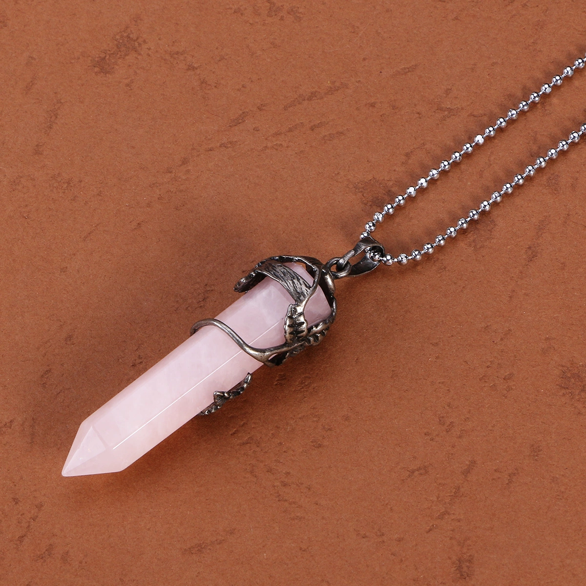 Silver Flower Wrapped NaturSilver Flower Wrapped Natural Rose Quartz Healing Alloy Necklace Fashion Jewelryal Rose Quartz Healing Crystal Necklace Fashion Jewelry