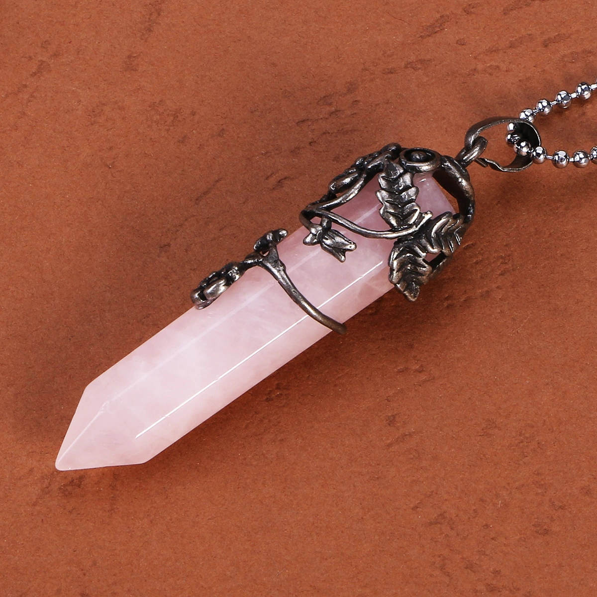 Silver Flower Wrapped NaturSilver Flower Wrapped Natural Rose Quartz Healing Alloy Necklace Fashion Jewelryal Rose Quartz Healing Crystal Necklace Fashion Jewelry