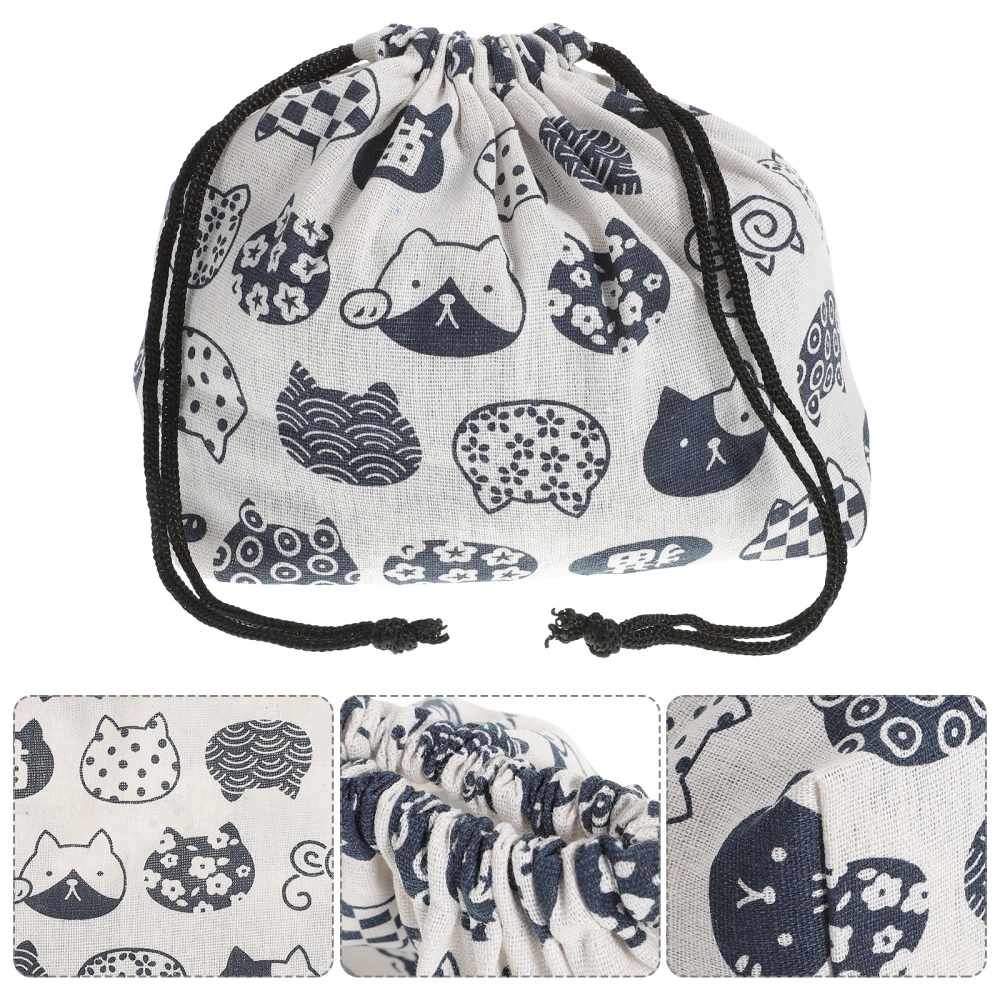 1Pc Fashion Thickened Japanese Style Bento Bag With Cotton And Hemp Drawstring (White)