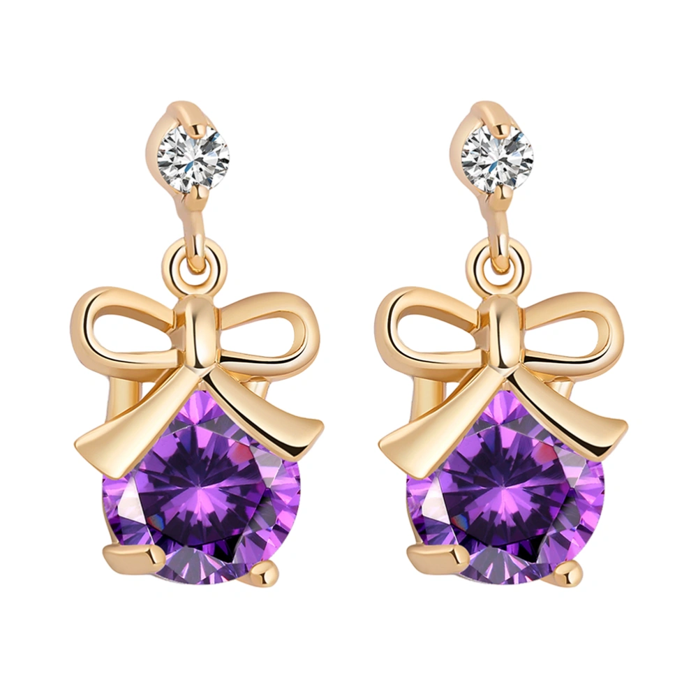 1 Pair Women Zircon Earrings Micro-inlay Bow Shape Diamond Ear Rings Jewelry Decor Gift for Girl Lady (Purple)