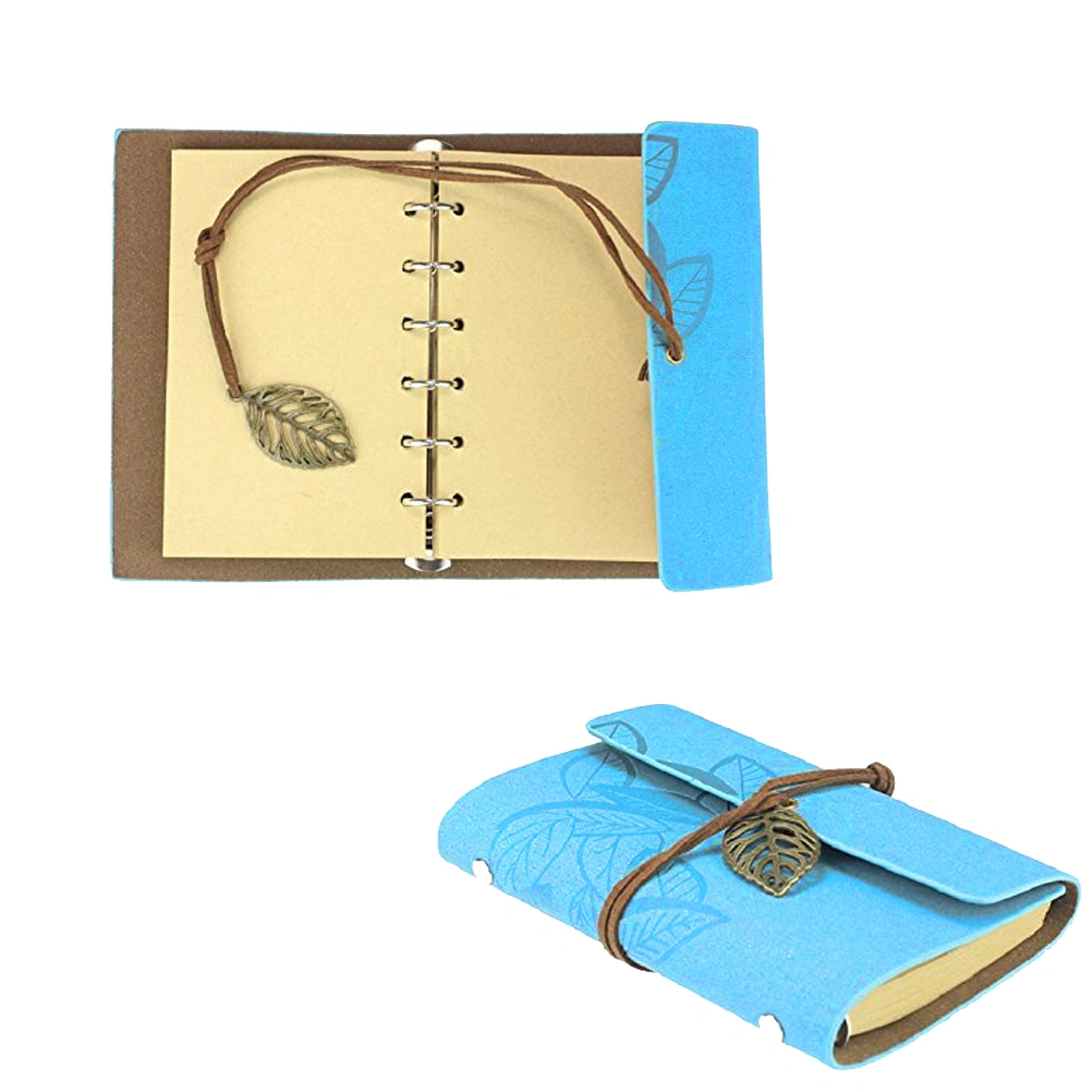Vintage Style Leaf Leaves Pattern PU Cover Loose-leaf String Bound Blank Notebook Notepad Travel Journal Diary Jotter - Size S (Sky-blue)