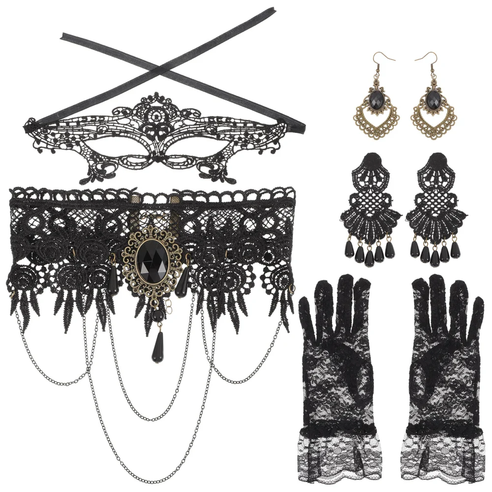 1 Set Lace Mask Gloves Choker Dangle Earrings Halloween Gothic Costume Accessories