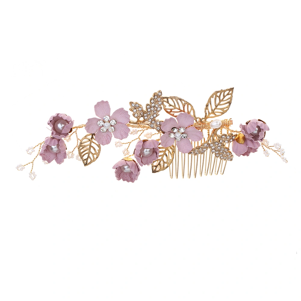 Cloth Flower Goldleaf Hair Combs Bridal Rhinestone Pearl Side Comb Beaded Headpiece Wedding Hair Decoration (Purple)