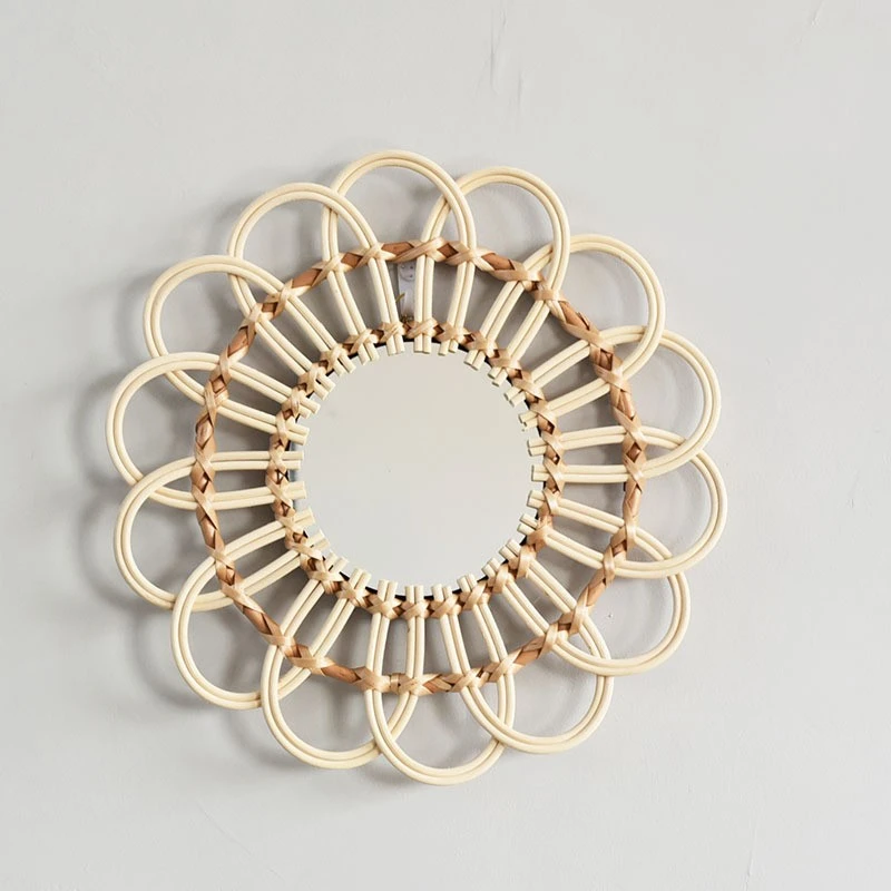 Hanging Wall Mirror Decorative Rattan Woven Mirror Bathroom Dressing Makeup Mirror