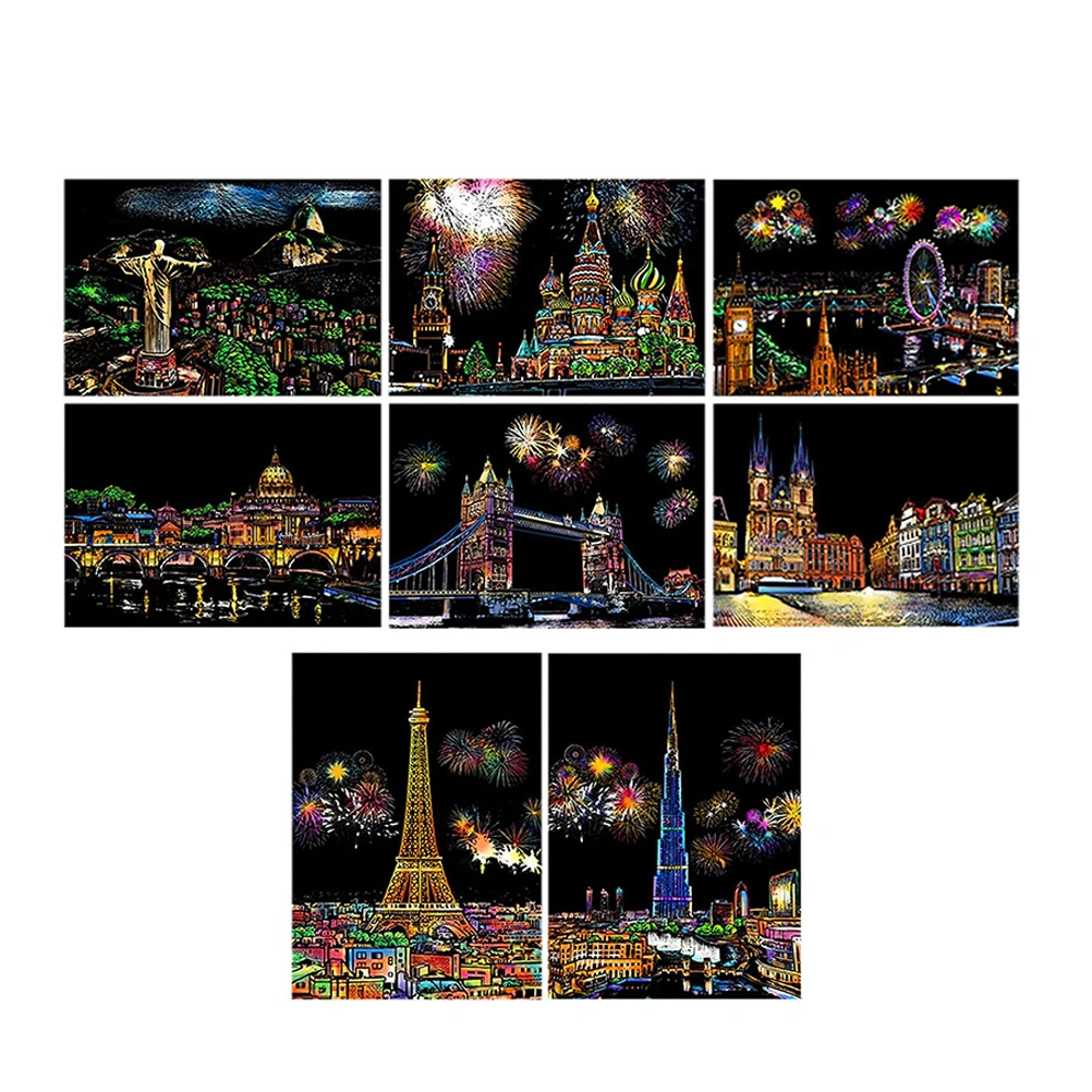 1 Set of Scratch Paper Art City Building Scratch Cards Night View Scratch Paper
