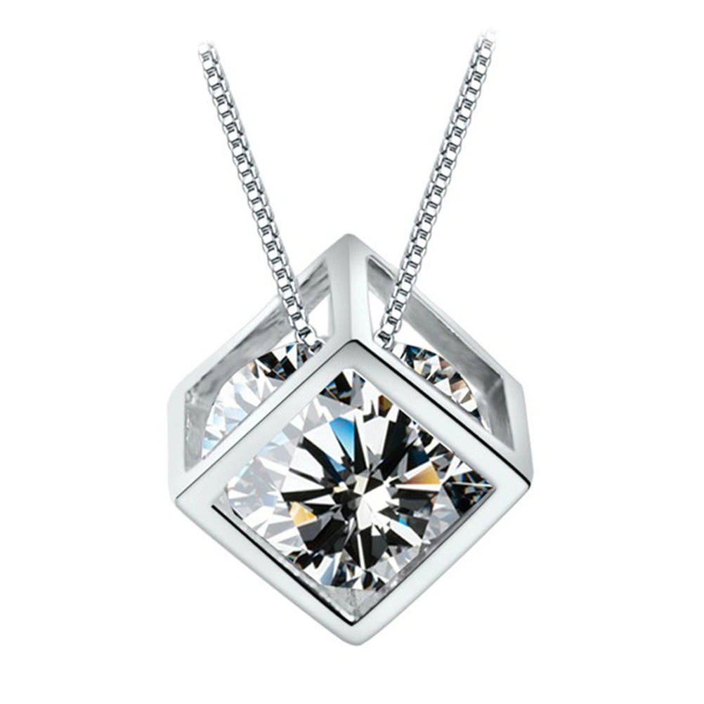Square Cube Necklace Crystal Long Chain Necklace Jewelry for Women Cubic Fashion Chain Female Gift(Platinum/ no Chain,White Copper Plated Platinum)