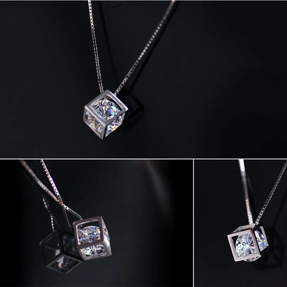 Square Cube Necklace Crystal Long Chain Necklace Jewelry for Women Cubic Fashion Chain Female Gift(Platinum/ no Chain,White Copper Plated Platinum)