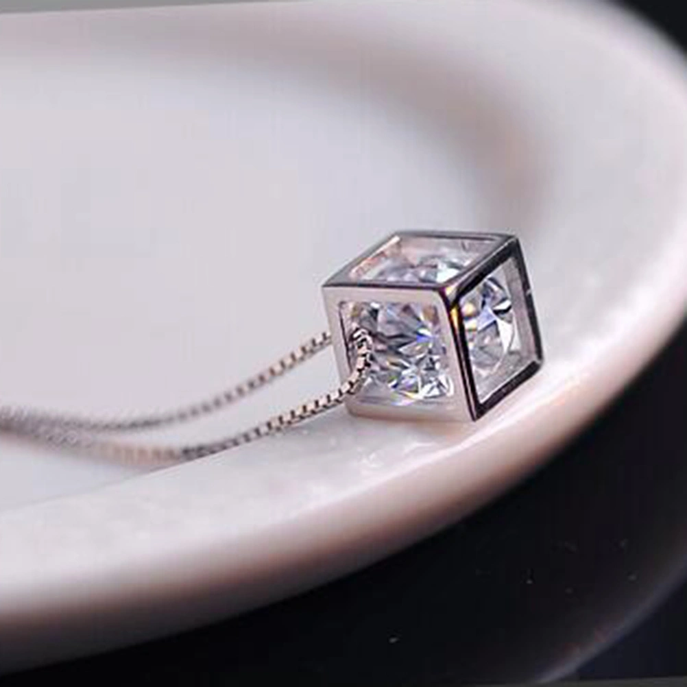Square Cube Necklace Crystal Long Chain Necklace Jewelry for Women Cubic Fashion Chain Female Gift(Platinum/ no Chain,White Copper Plated Platinum)